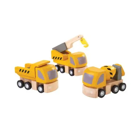 סט 3 רכבי עבודה מעץ - מערבל בטון, מנוף, משאית